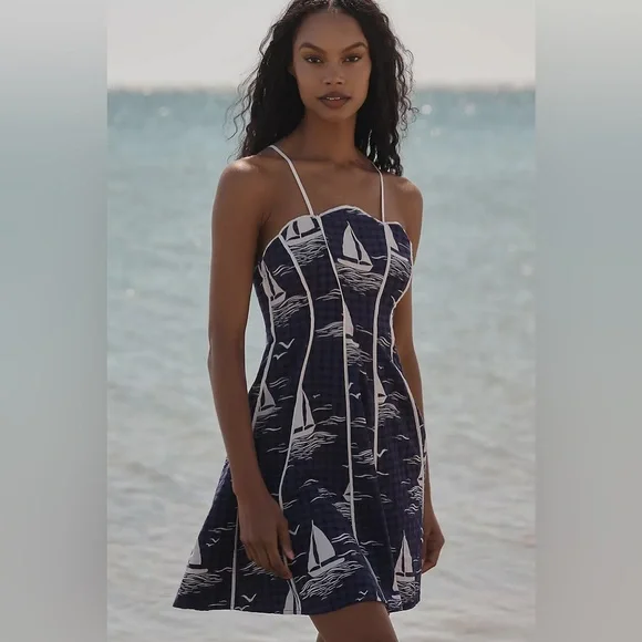 NWT Anthropologie Celadine Scallop Piped Mini Dress in Blue Motif, size XL - Picture 2 of 13